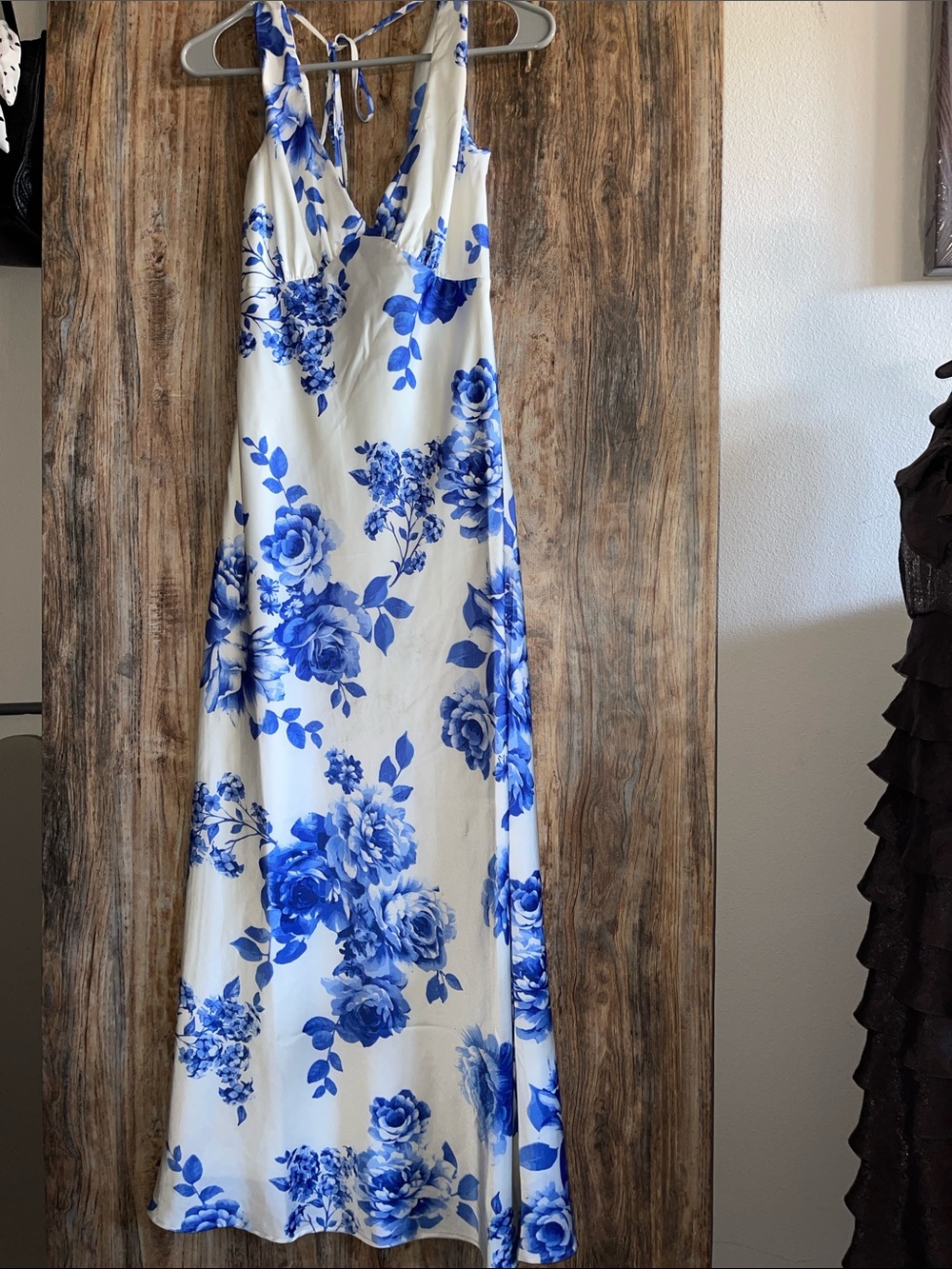 Blue and White Floral V-Neck Maxi Dress